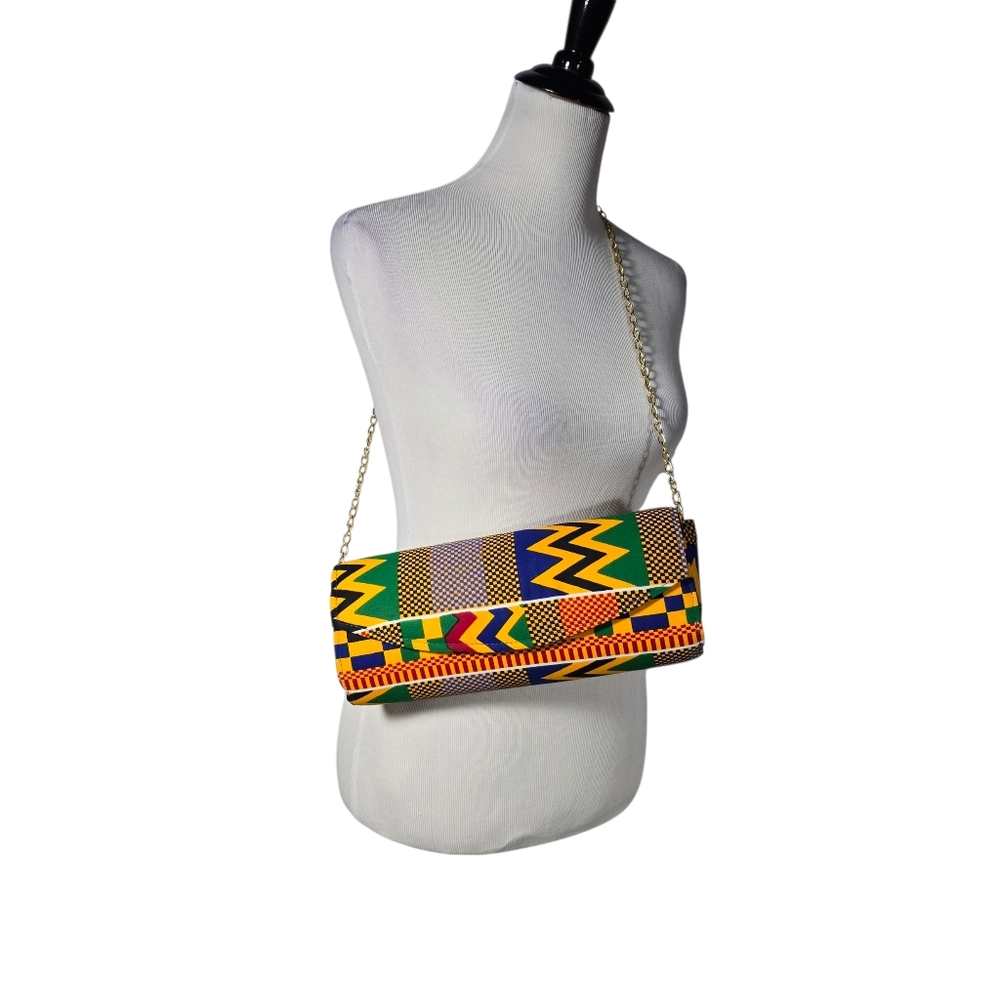 Kente Print Crossbody Clutch with Gold Chain Strap